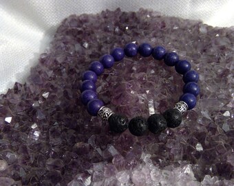 Diffuser bracelet: Genuine Crystal Dark Blue Dyed Howlite Bracelet & Lava Rock 7.25" (0822)