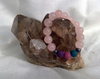 Diffuser bracelet: Genuine Crystal Rose Quartz, Hematite & Lava Rock Bracelet 6.35" (0549)