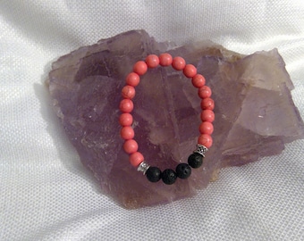 Diffuser bracelet: Genuine Crystal Peach Dyed Howlite Bracelet & Lava Rock 6.5" (0050)