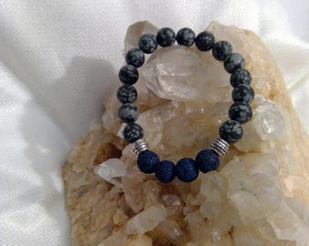 Diffuser bracelet: Genuine Crystal Snowflake Obsidian & Lava Rock Bracelet 7.25" (1353)