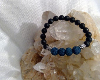 Diffuser bracelet: Genuine Crystal Faceted Black Onyx & Lava Rock Bracelet 6.35" (1425)