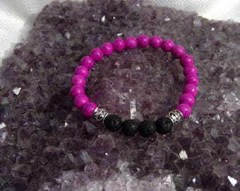 Diffuser bracelet: Genuine Crystal Dark Pink Dyed Howlite & Lava Rock Bracelet 7.25" (1117)