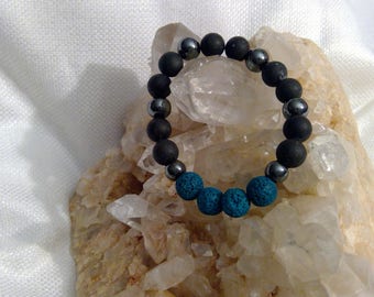 Diffuser bracelet: Genuine Crystal Snowflake Obsidian, Hematite & Lava Rock Bracelet 6.5" (1408)