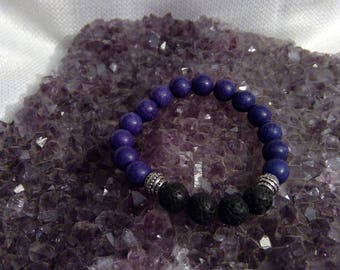 Diffuser bracelet: Genuine Crystal Dark Blue Dyed Howlite Bracelet & Lava Rock 6.5" (0950)
