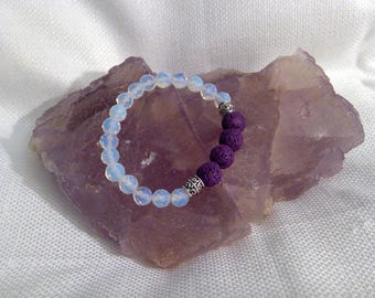 Diffuser bracelet: Genuine Crystal Opalite Bracelet & Purple Lava Rock 6.3" (5359)
