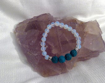 Diffuser bracelet: Genuine Crystal Faceted Opalite & Teal Lava Rock Bracelet 6.5" (0343)