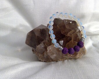 Diffuser bracelet: Genuine Crystal Opalite Bracelet & Purple Lava Rock 6.75" (5822)