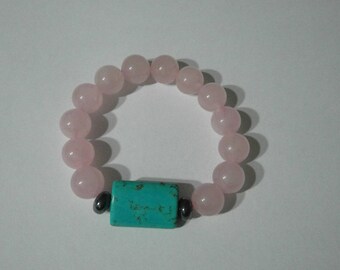 Rose Quartz, Hematite, Turquoise Crystal Beaded Bracelet (3313)