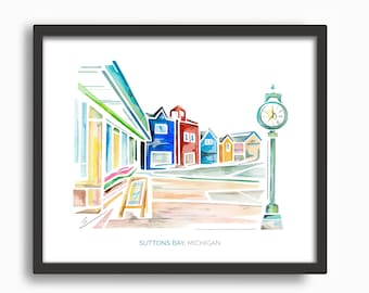 Suttons Bay downtown / M-22 (MI) Watercolor Print