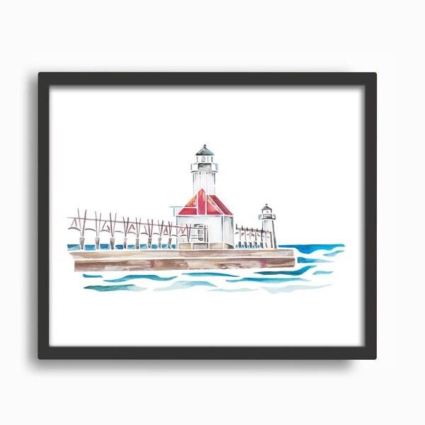 St. Joseph North Pier Lighthouse Watercolor Print