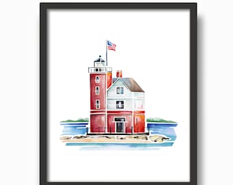 Round Island Light (Mackinac Island) Watercolor Print