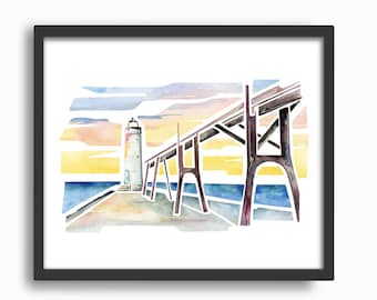 Manistee Lighthouse Sunset Watercolor Print