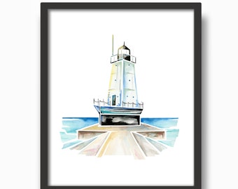 Ludington (MI) North Breakwater Light Watercolor Print