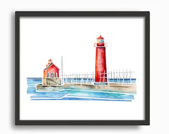 Grand Haven Lighthouse (MI) Watercolor Print