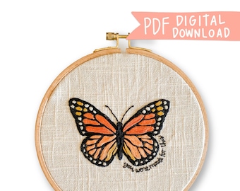 Made For This Butterfly Hand Embroidery Pattern - Digital PDF Pattern, Monarch Butterfly Embroidery Design, Summer Embroidery