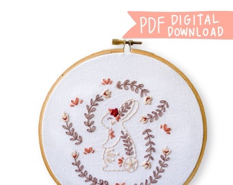 Bunny Folk Animal Hand Embroidery Pattern - Digital PDF Pattern, Floral Spring Embroidery Pattern, Lila Bunny Folk Art