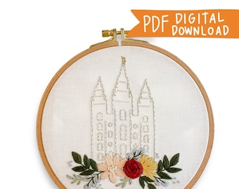 Salt Lake City Utah LDS Temple Hand Embroidery Pattern - Digital PDF Download, SLC Temple Embroidery Pattern, Floral Christian Embroidery