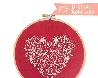 Love Birds Hand Embroidery Pattern - Digital PDF Pattern, Folk Art Hand Embroidery Design, Folk Animals Nursery Decor