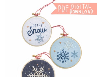 Adornos navideños bordados a mano con copos de nieve - Descarga digital en PDF