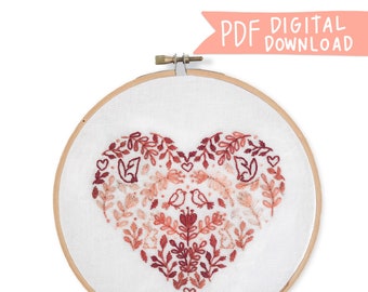 Folk Art Love Hand Embroidery Pattern - Modèle PDF numérique, Motif de conception de broderie animale folklorique, Broderie de la Saint-Valentin coeur