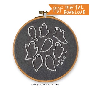 Motif de broderie à la main Halloween fantômes amicaux, motif PDF numérique, motif de broderie à la main d&#39;automne, broderie de fantômes d&#39;Halloween, automne