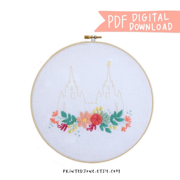 San Diego LDS Temple Hand Embroidery - Digital PDF Pattern, San Diego California Temple Embroidery Pattern, LDS Art Design Floral Embroidery