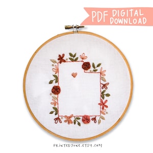 Utah Floral State Hand Embroidery Pattern - Digital PDF Pattern, Personalized Embroidery Pattern, Floral State Art