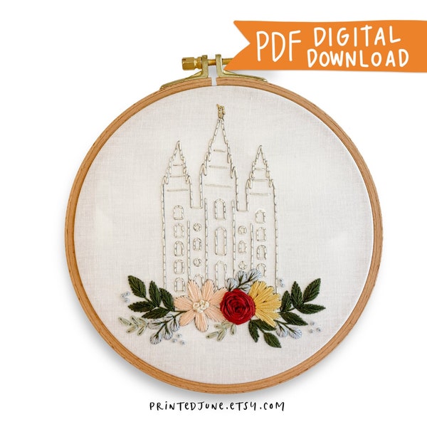 Salt Lake City Utah LDS Temple Hand Embroidery Pattern - Digital PDF Download, SLC Temple Embroidery Pattern, Floral Christian Embroidery