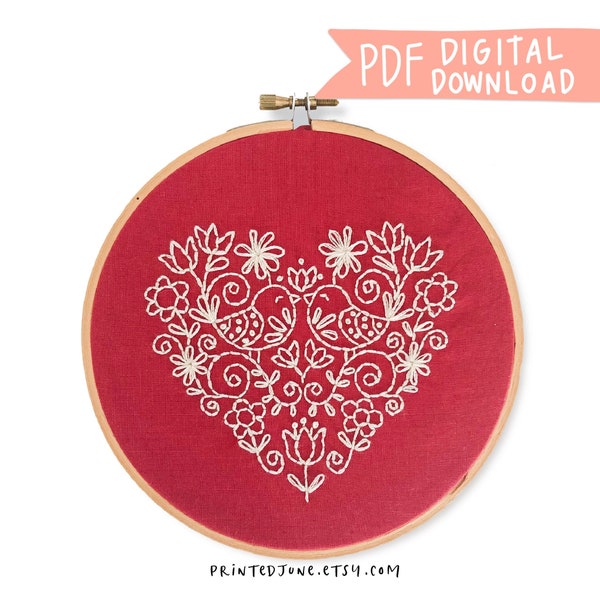 Love Birds Hand Embroidery Pattern - Digital PDF Pattern, Folk Art Hand Embroidery Design, Folk Animals Nursery Decor