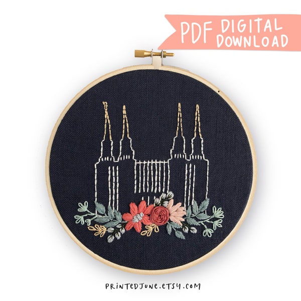 Washington DC LDS Temple Hand Embroidery Pattern - Digital PDF Pattern, Floral Hand Embroidery Pattern Design