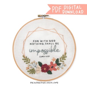 For With God Hand Embroidery Pattern Luke 1:37 - Digital PDF Pattern, Christian Embroidery Pattern Decor, Bible Floral Embroidery