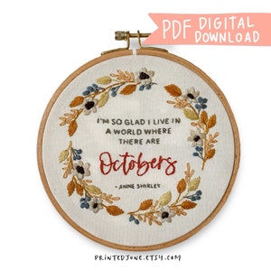 Fall Embroidery Pattern, Digital PDF Pattern, October Embroidery Pattern, Anne of Green Gables Embroidery Pattern, Hand Embroidery Art