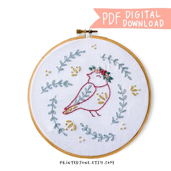 Spring Bird Folk Animal Hand Embroidery Pattern - Digital PDF Pattern, Floral Spring Embroidery Pattern, Ruby Robin Folk Art Embroidery