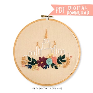 Oakland LDS Temple Hand Embroidery Pattern - Digital PDF Download, Oakland California Floral Embroidery, DIY Kit Craft