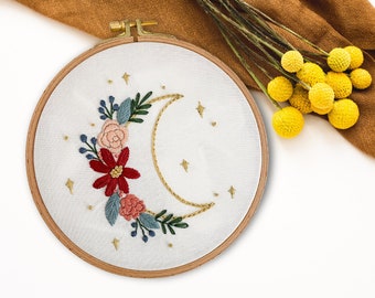 Harvest Moon Hand Embroidery Pattern, Digital PDF Pattern, Fall Moon Embroidery Pattern, Floral Moon Embroidery, Printable
