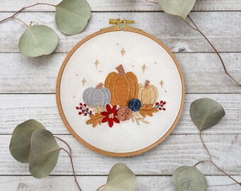 Fall Harvest Hand Embroidery Pattern, Digital PDF Pattern, Fall Embroidery, Pumpkin Floral Hand Embroidery, Fall Hand Embroidery Kit