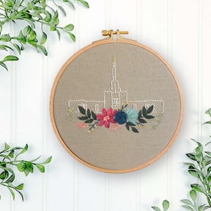 Op de afbeelding: Borduurwerk in een ronde hoepel met een witte omtrek van een tempel met een toren, omringd door een krans van kleurrijke bloemen. De bloemen zijn roze, rood, blauw en groen.