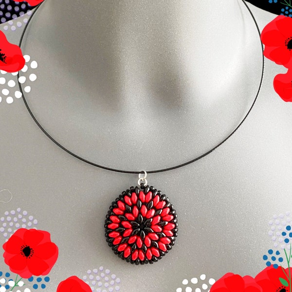 Collier perles Mandala Rouge et Noire