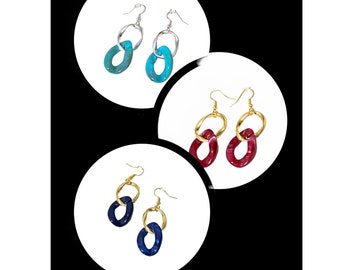 Boucles d'oreilles femmes grosses mailles XL, acryliques, or fin, argent vieilli.