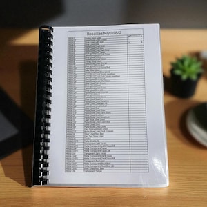 May include: A spiral-bound catalog titled "Rocailles Miyuki 8/0" with a list of bead colors. The catalog is open on a wooden surface, with a small potted plant and a cup of tea in the background.