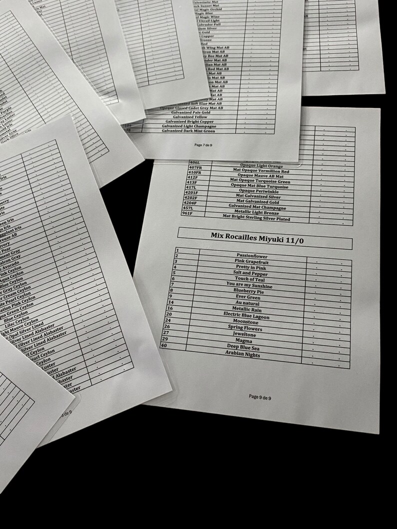 May include: A close-up of a printed sheet of paper with a list of colors and their corresponding numbers. The list is titled "Mix Rocailles Miyuki 11/0" and includes colors like Passionflower, Pink Grapefruit, Pretty in Pink, Salt and Pepper, Touch of Teal, You are my Sunshine, Blueberry Pie, Ever Green, Au natural, Metallic Rain, Electric Blue Lagoon, Moonstone, Spring Flowers, Jeweltone, Magma, Deep Blue Sea, and Arabian Nights.