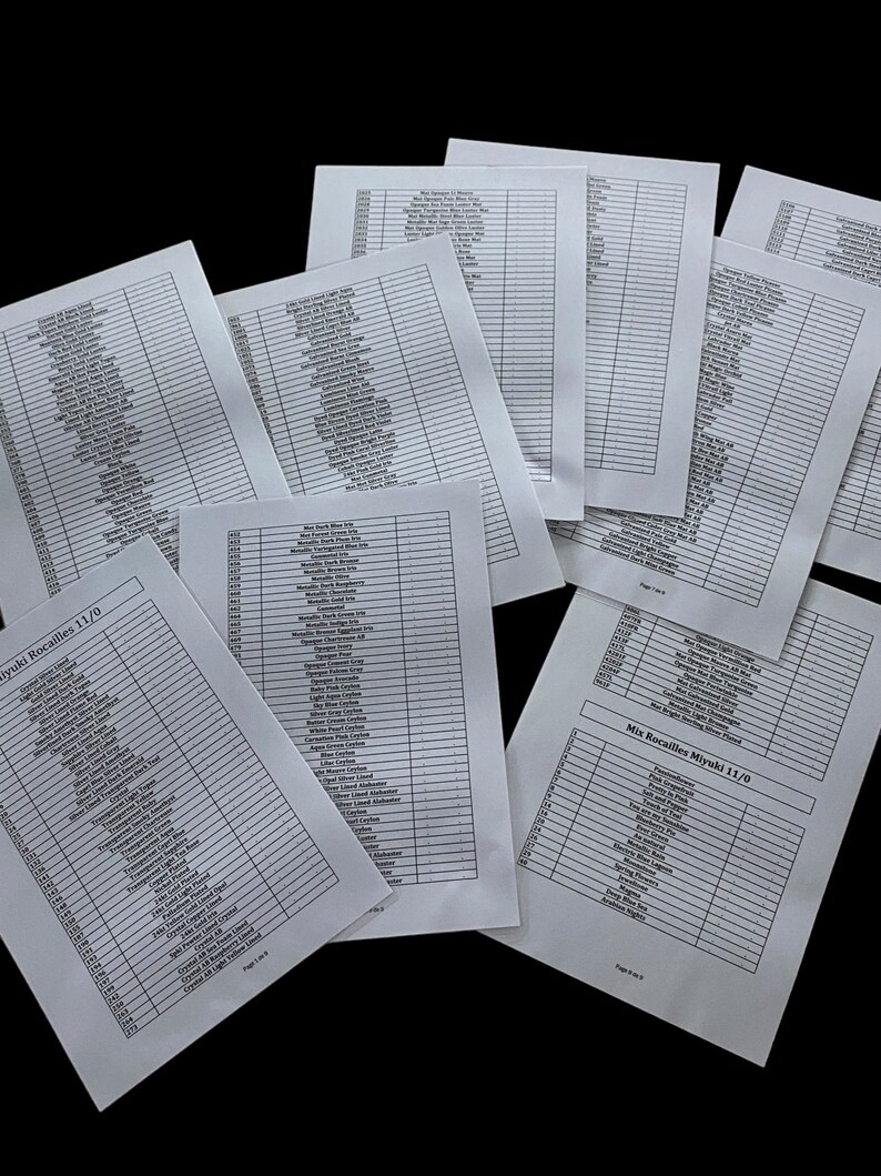 May include: A close-up of several pages of a printed list of beads. The list includes the bead name, color, and size. The list is titled "Mix Rocalles Miyuki 11/0".