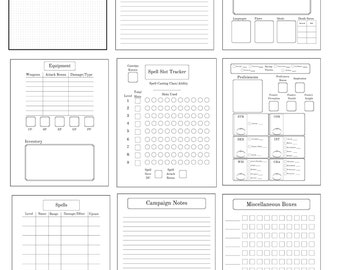 May include: A black and white printable character sheet for role-playing games. The sheet includes sections for character information, equipment, spells, spell slots, proficiencies, and notes.