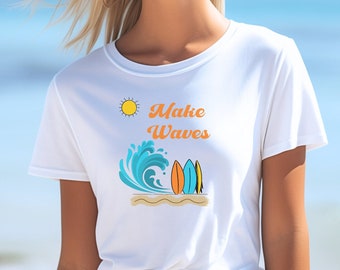 Beach Shirt, Make Waves Surfboard Shirt, Summer Vacation Tee, Retro Beach Tee, Summer Vibes Tee, Beach Outfit, Beach Trip, Swim Cover, Vacay