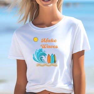 Chemise de plage, chemise de planche de surf Make Waves, t-shirt vacances d'été, t-shirt de plage rétro, t-shirt ambiance estivale, tenue de plage, voyage à la plage, housse de bain, vacances