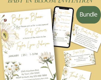 Baby Shower Invitation Bundle Baby In Bloom Template Newborn Floral Shower Custom Digital Party Invite Spring Daisy Summer Template New Mom