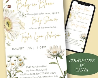 Baby In Bloom Custom Shower Invitation Print Template for Newborn Baby Shower Digital Party Invite Spring Summer Floral Template New Mom