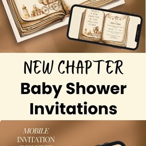 May include: A set of printable baby shower invitations with a book theme. The invitations feature a watercolour illustration of an open book with stars and a baby carriage. The text on the invitations reads "There's a new chapter in the Phillips story." and "Join Mary & Doug as they prepare for a new chapter in their story."
