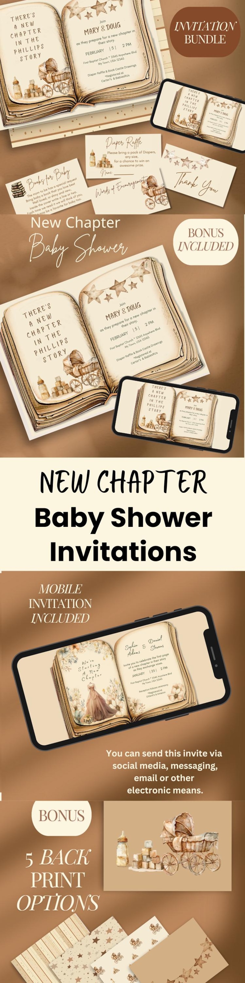May include: A set of printable baby shower invitations with a book theme. The invitations feature a watercolour illustration of an open book with stars and a baby carriage. The text on the invitations reads "There's a new chapter in the Phillips story." and "Join Mary & Doug as they prepare for a new chapter in their story."