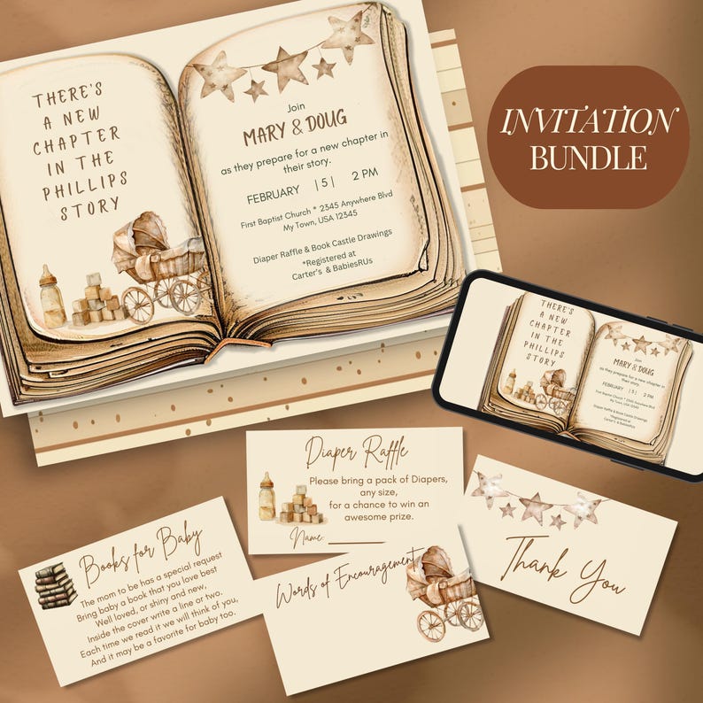 Storybook Baby Shower Bundle Vintage Theme Digital Invitation Collection Complete Party Package Diaper Raffle Cards Book Request Insert Thank You Notes Sepia Tone Design Custom Template Package Canva Format Easy Edit Options Beautiful
